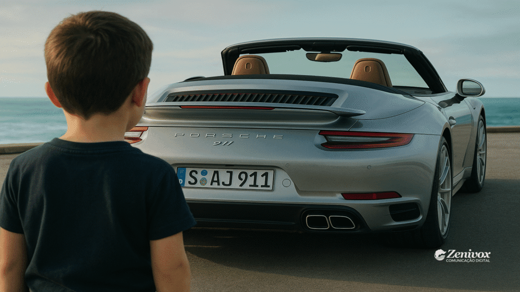Garoto observando um Porsche 911 conversível prateado estacionado à beira-mar, remetendo ao sonho de infância e ao gatilho mental da nostalgia.