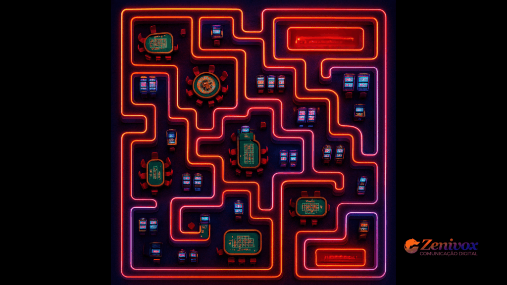 Vista aérea conceitual de um cassino com mesas de jogos e máquinas caça-níquel organizadas por caminhos iluminados em neon, ilustrando o uso da configuração para influenciar o comportamento do consumidor.