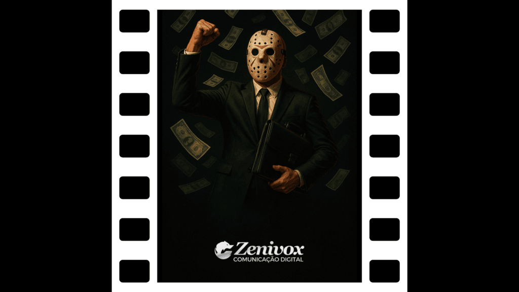 Jason Voorhees levantando o punho em sinal de vitória, cercado por notas de dinheiro flutuando no ar, simbolizando o sucesso financeiro de uma tática bem executada. Moldura de filme envolve a imagem, reforçando o conceito cinematográfico.