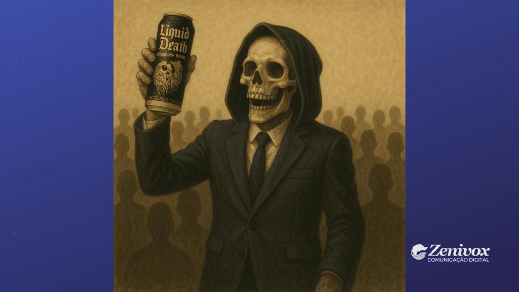 Figura esquelética com terno e capuz, sorridente, levanta uma lata da marca Liquid Death diante de uma multidão de silhuetas que simbolizam seguidores ou apoiadores. A figura transmite poder, liderança e carisma, alinhando-se com a ideia de uma comunidade engajada em torno da marca. O fundo é dourado com destaque para o personagem central. Logo da Zenivox aparece no canto inferior direito.