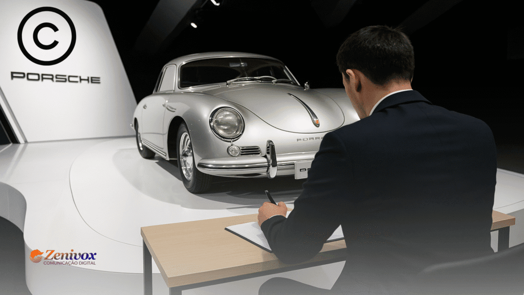 Homem de terno escrevendo diante de um Porsche clássico em exposição, simbolizando o poder estratégico dos melhores exemplos de copy da história.