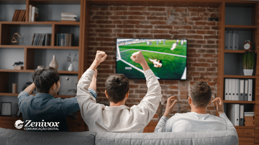 Três homens assistem a uma partida de futebol na televisão em uma sala com decoração moderna e estante de livros ao fundo. Eles vibram com os braços erguidos, comemorando um momento do jogo. No canto inferior esquerdo, está o logotipo da Zenivox Comunicação Digital.