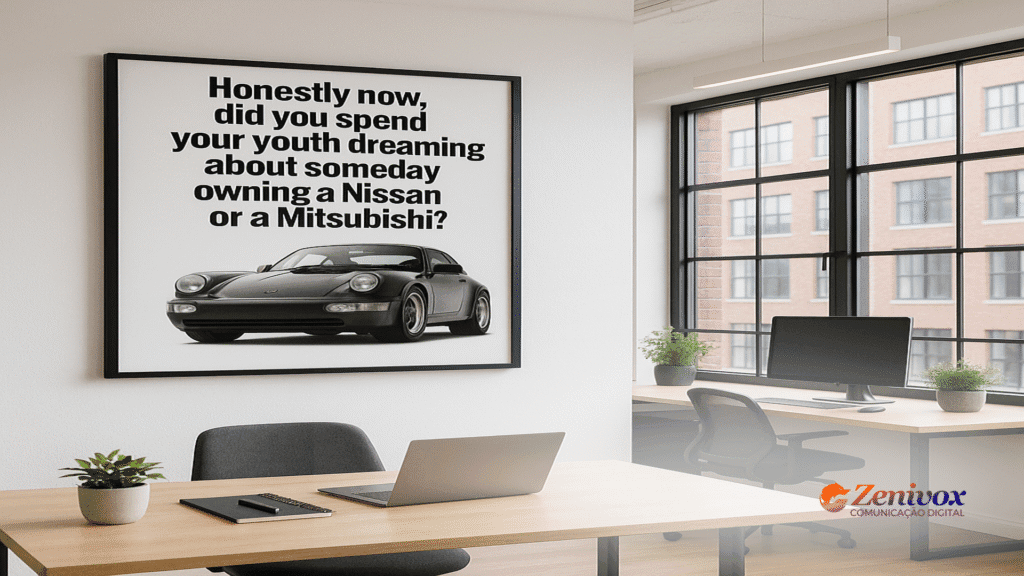 Quadro com frase provocativa da Porsche em destaque em uma agência de marketing, com o texto “Honestly now, did you spend your youth dreaming about someday owning a Nissan or a Mitsubishi?” ao lado de um Porsche 911 preto.