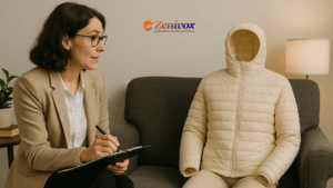 Psicóloga conversa atentamente com uma jaqueta clara, simbolizando o famoso anúncio da Patagonia "Don’t Buy This Jacket". A cena ilustra, de forma criativa, o conceito da psicologia do consumidor aplicada ao consumo consciente e à autorreflexão sobre o comportamento de compra.