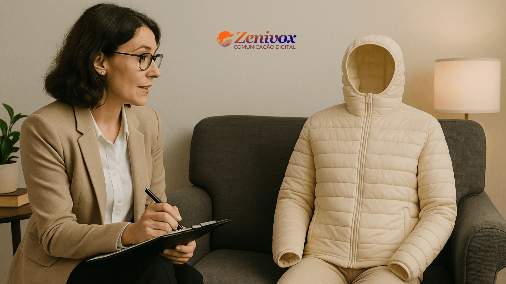 Psicóloga conversa atentamente com uma jaqueta clara, simbolizando o famoso anúncio da Patagonia "Don’t Buy This Jacket". A cena ilustra, de forma criativa, o conceito da psicologia do consumidor aplicada ao consumo consciente e à autorreflexão sobre o comportamento de compra.