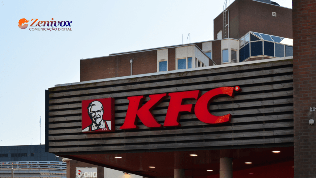 Fachada de uma unidade do KFC com o logotipo em destaque, mostrando o letreiro vermelho com o rosto do Coronel Sanders, símbolo clássico da marca.