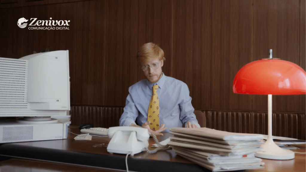 Homem ruivo com expressão séria em um escritório retrô, cercado por objetos antigos como telefone com fio, monitor de tubo e pilhas de documentos, remetendo ao ambiente corporativo das décadas passadas, simbolizando o marketing emocional e a nostalgia.