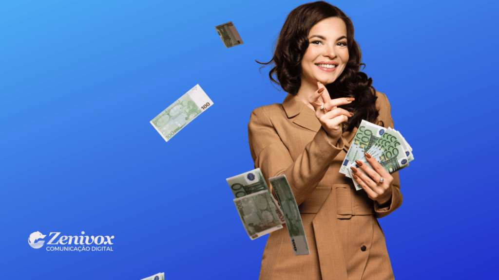 Mulher sorridente de cabelos escuros, vestindo blazer marrom claro, segura várias notas de euro enquanto outras cédulas flutuam ao seu redor, simbolizando prosperidade e sucesso financeiro. Ao fundo, o logotipo da ZeniVox Comunicação Digital aparece no canto inferior esquerdo, sobre um fundo azul gradiente.