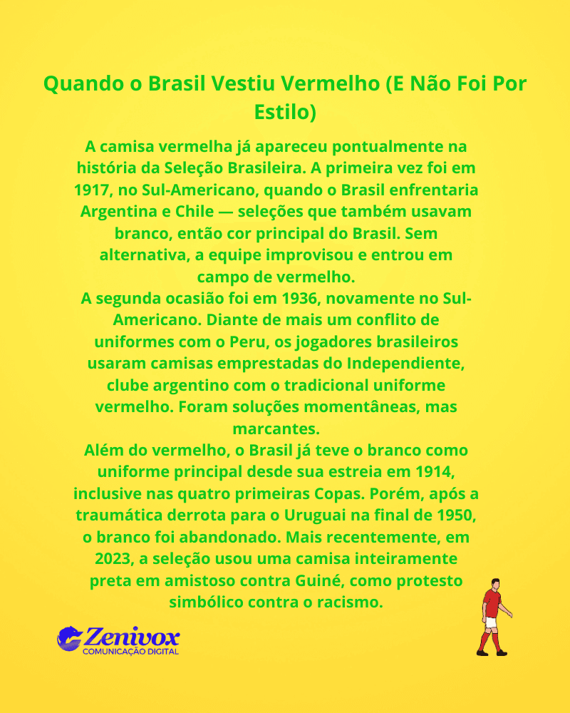 Infográfico com fundo amarelo e texto verde intitulado “Quando o Brasil Vestiu Vermelho (E Não Foi Por Estilo)”. O conteúdo descreve ocasiões históricas em que a Seleção Brasileira usou camisa vermelha, como em 1917 e 1936, devido a conflitos de uniformes. Também menciona o uso do branco nas primeiras Copas, a mudança após 1950 e o uniforme preto usado em 2023 como protesto contra o racismo. No rodapé, aparece o logo da Zenivox e uma ilustração de um jogador de futebol vestido de vermelho no canto inferior direito.