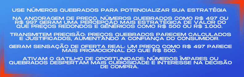 Imagem explicativa sobre como números quebrados, como R$ 497 ou R$ 997, potencializam estratégias de precificação, aumentando a percepção de valor e a confiança na decisão de compra.