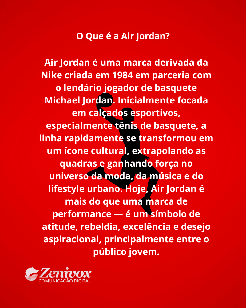 Imagem com fundo vermelho e silhueta preta de um jogador de basquete em movimento de enterrada, representando o logotipo da Air Jordan. O texto central explica a origem da marca Air Jordan, criada pela Nike em 1984 em parceria com Michael Jordan. Destaca a evolução da marca de linha esportiva para ícone cultural de atitude, excelência e aspiração, especialmente entre jovens. A logomarca da Zenivox aparece no canto inferior esquerdo.