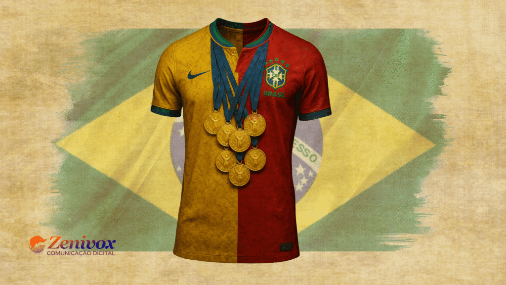 Camisa da Seleção Brasileira dividida ao meio entre as cores amarela e vermelha, com o escudo da CBF ao centro e várias medalhas de ouro penduradas. Ao fundo, a bandeira do Brasil aparece estilizada com textura envelhecida. O logo da Zenivox Comunicação Digital aparece no canto inferior esquerdo.