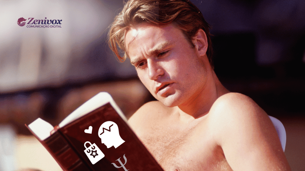 Homem jovem lendo um livro com símbolos relacionados à psicologia e comportamento, representando a conexão entre publicidade sexy e estímulos emocionais. Branding da Zenivox visível no canto superior esquerdo.