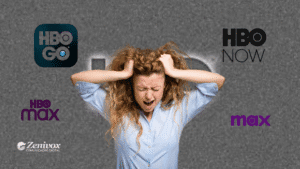 Mulher frustrada segura os cabelos no centro da imagem, cercada por diferentes logos da HBO (HBO GO, HBO NOW, HBO Max e Max), simbolizando a confusão causada por sucessivos rebrandings da marca, simbolizando o peso da identidade de marca.