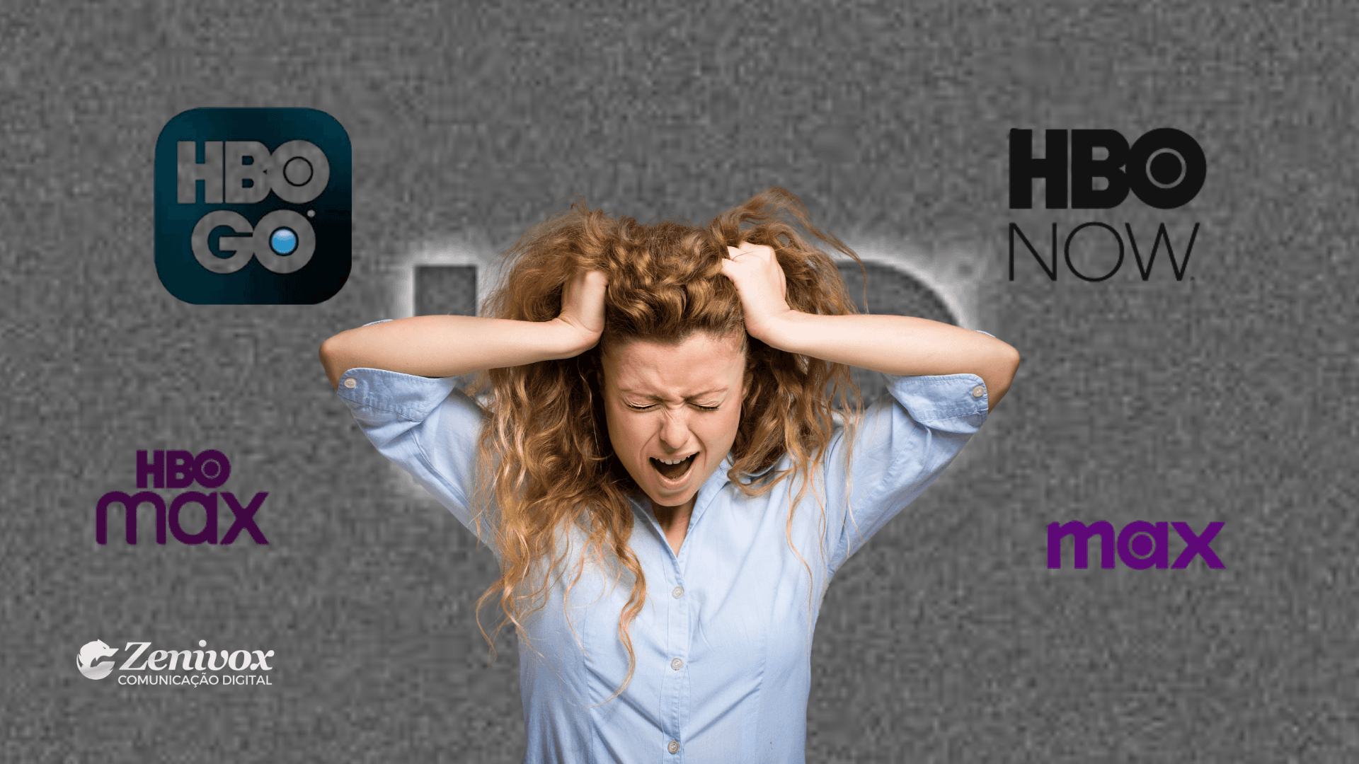 Mulher frustrada segura os cabelos no centro da imagem, cercada por diferentes logos da HBO (HBO GO, HBO NOW, HBO Max e Max), simbolizando a confusão causada por sucessivos rebrandings da marca, simbolizando o peso da identidade de marca.