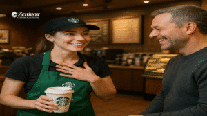 Atendente sorridente da Starbucks com a mão no peito entrega um café para um cliente que, inicialmente sério, começa a sorrir — representando a transformação de uma experiência negativa em positiva ao lidar com um cliente insatisfeito.