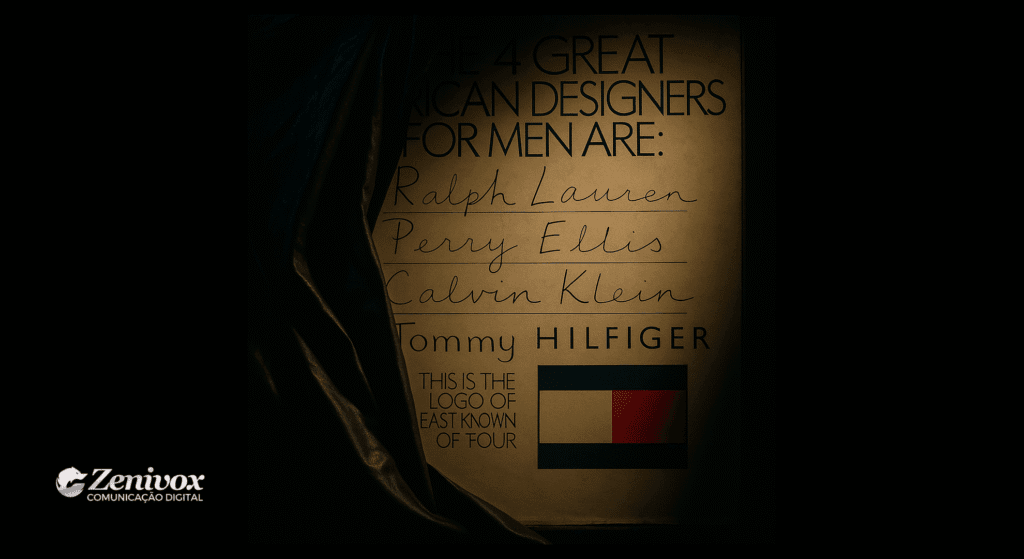 Outdoor icônico de Tommy Hilfiger parcialmente coberto por uma lona, revelando a frase "The 4 Great American Designers for Men Are" com os nomes Ralph Lauren, Perry Ellis, Calvin Klein e Tommy Hilfiger. A imagem representa as ideias de propaganda em momento ousado na história do marketing de moda, com iluminação dramática e atmosfera de revelação.
