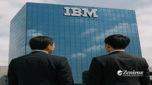 Dois executivos japoneses observam a sede espelhada da IBM, simbolizando a busca por inovação e a aplicação do modelo de gestão de conhecimento empresarial.