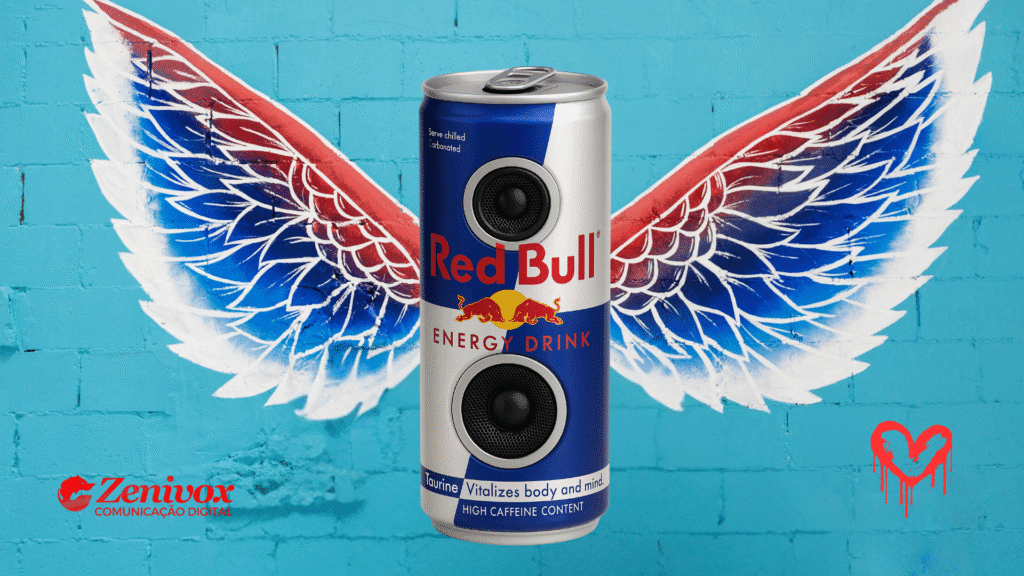 Lata de Red Bull estilizada como uma caixa de som, posicionada contra um fundo azul com asas em grafite nas cores vermelho, branco e azul, representando a campanha de marketing cultural da Red Bull.