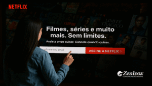 Mulher interagindo com a tela inicial da Netflix, prestes a clicar no botão "ASSINE A NETFLIX", destacando a interface visual da plataforma e a mensagem de incentivo à assinatura, simbolizando o onboarding de clientes.