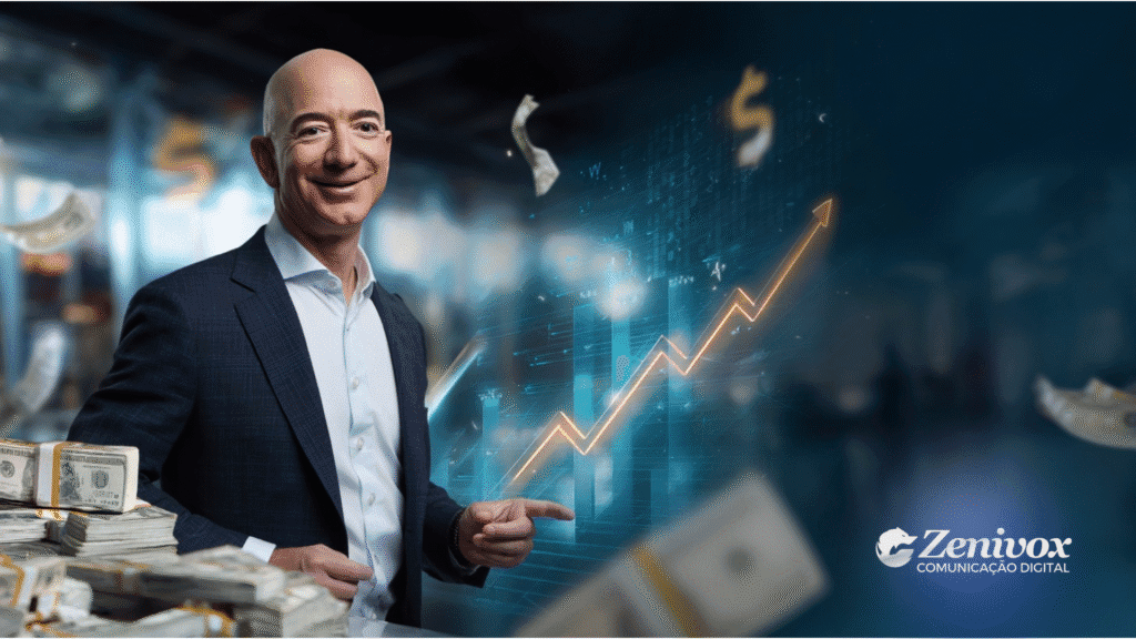 Imagem ilustrativa mostrando Jeff Bezos em um ambiente corporativo com gráficos financeiros ascendentes ao fundo. Cédulas de dinheiro flutuam no ar, transmitindo a ideia de lucratividade. No canto inferior direito, o logotipo da Zenivox Comunicação Digital é destacado, sugerindo uma análise de sucesso financeiro baseada em estratégias de análise preditiva.