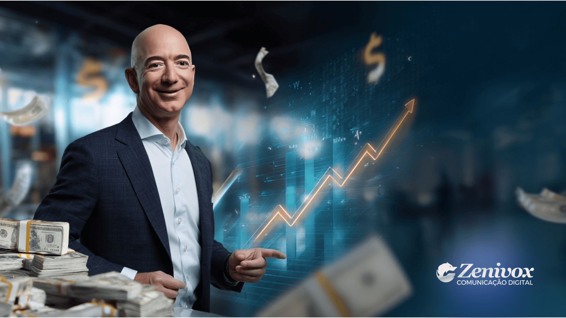 Imagem ilustrativa mostrando Jeff Bezos em um ambiente corporativo com gráficos financeiros ascendentes ao fundo. Cédulas de dinheiro flutuam no ar, transmitindo a ideia de lucratividade. No canto inferior direito, o logotipo da Zenivox Comunicação Digital é destacado, sugerindo uma análise de sucesso financeiro baseada em estratégias de análise preditiva.