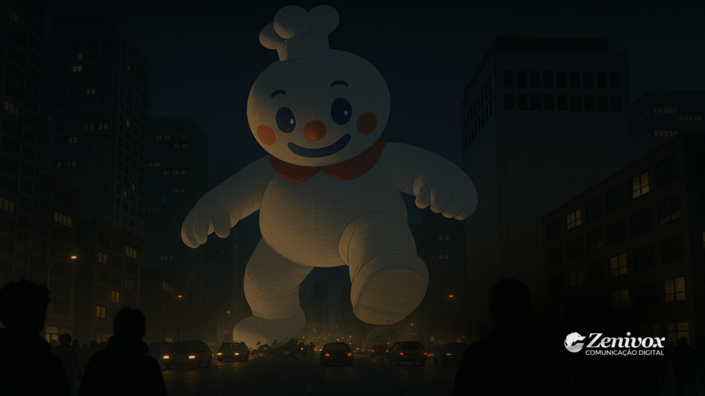 Cena impactante de um boneco de neve gigante no estilo balão inflável caminhando sobre a cidade à noite, transmitindo a sensação de grandiosidade e domínio visual. O boneco possui traços caricatos, remetendo à estética icônica da Mixue, enquanto a silhueta das pessoas e carros reforça a escala monumental da imagem. A marca Zenivox está posicionada discretamente no canto inferior direito, sugerindo a aplicação estratégica de marketing visual para criar presença massiva no mercado.