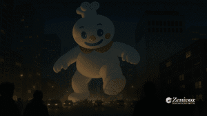 Cena impactante de um boneco de neve gigante no estilo balão inflável caminhando sobre a cidade à noite, transmitindo a sensação de grandiosidade e domínio visual. O boneco possui traços caricatos, remetendo à estética icônica da Mixue, enquanto a silhueta das pessoas e carros reforça a escala monumental da imagem. A marca Zenivox está posicionada discretamente no canto inferior direito, sugerindo a aplicação estratégica de marketing visual para criar presença massiva no mercado.