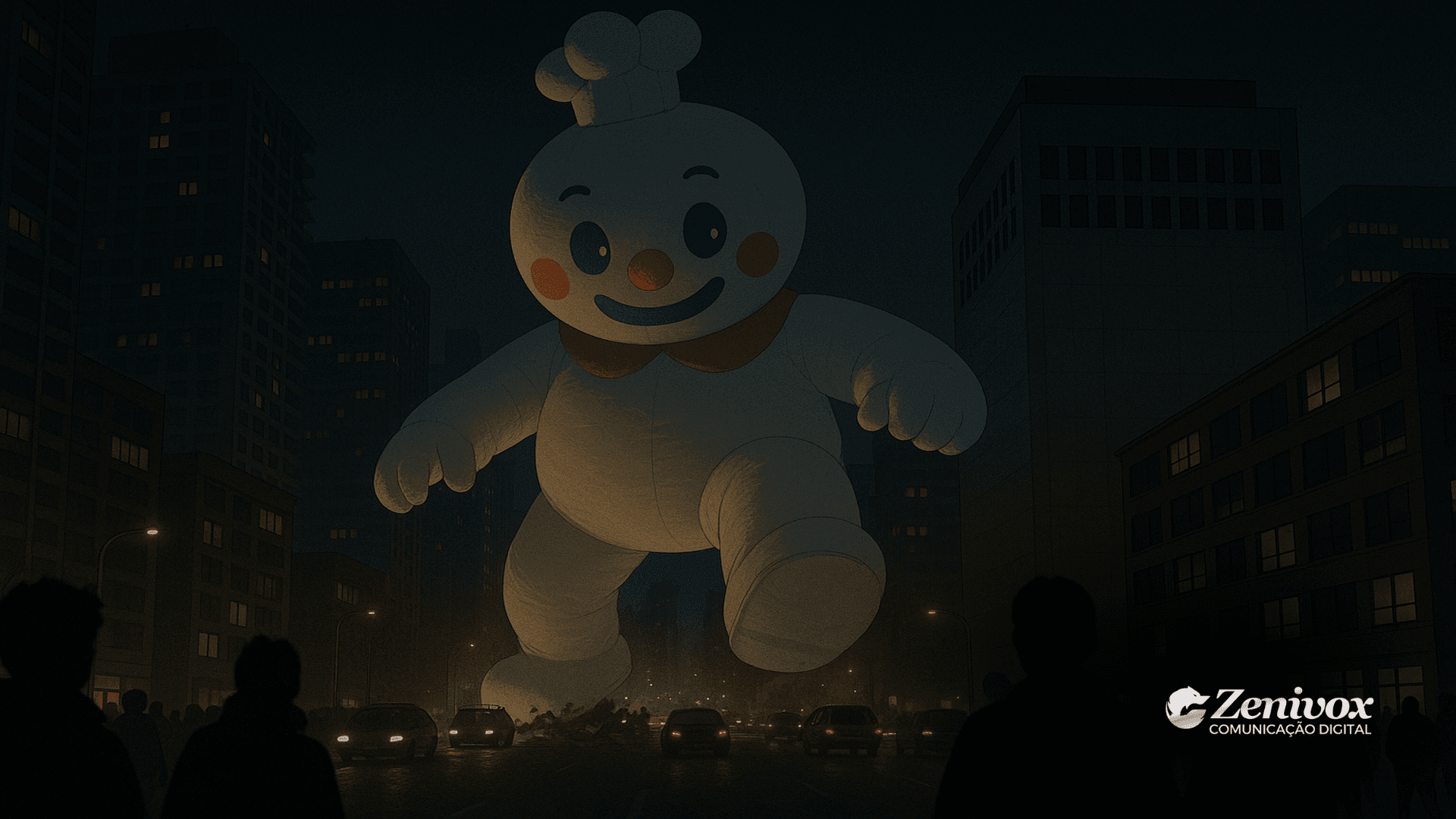 Cena impactante de um boneco de neve gigante no estilo balão inflável caminhando sobre a cidade à noite, transmitindo a sensação de grandiosidade e domínio visual. O boneco possui traços caricatos, remetendo à estética icônica da Mixue, enquanto a silhueta das pessoas e carros reforça a escala monumental da imagem. A marca Zenivox está posicionada discretamente no canto inferior direito, sugerindo a aplicação estratégica de marketing visual para criar presença massiva no mercado.