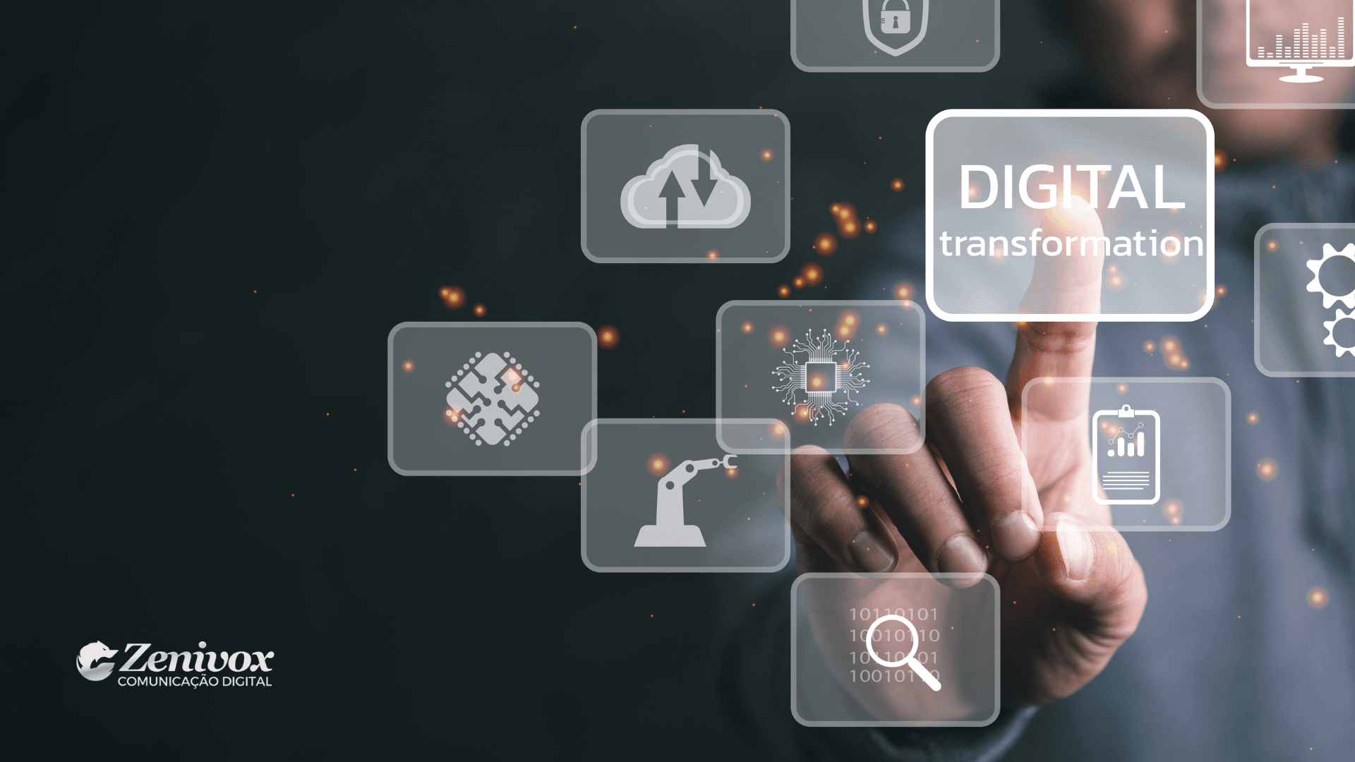 Pessoa interagindo com interface digital transparente, tocando no botão “Digital Transformation”, com ícones tecnológicos como nuvem, chip, automação e gráficos — representando o conceito de automação de marketing e transformação digital.