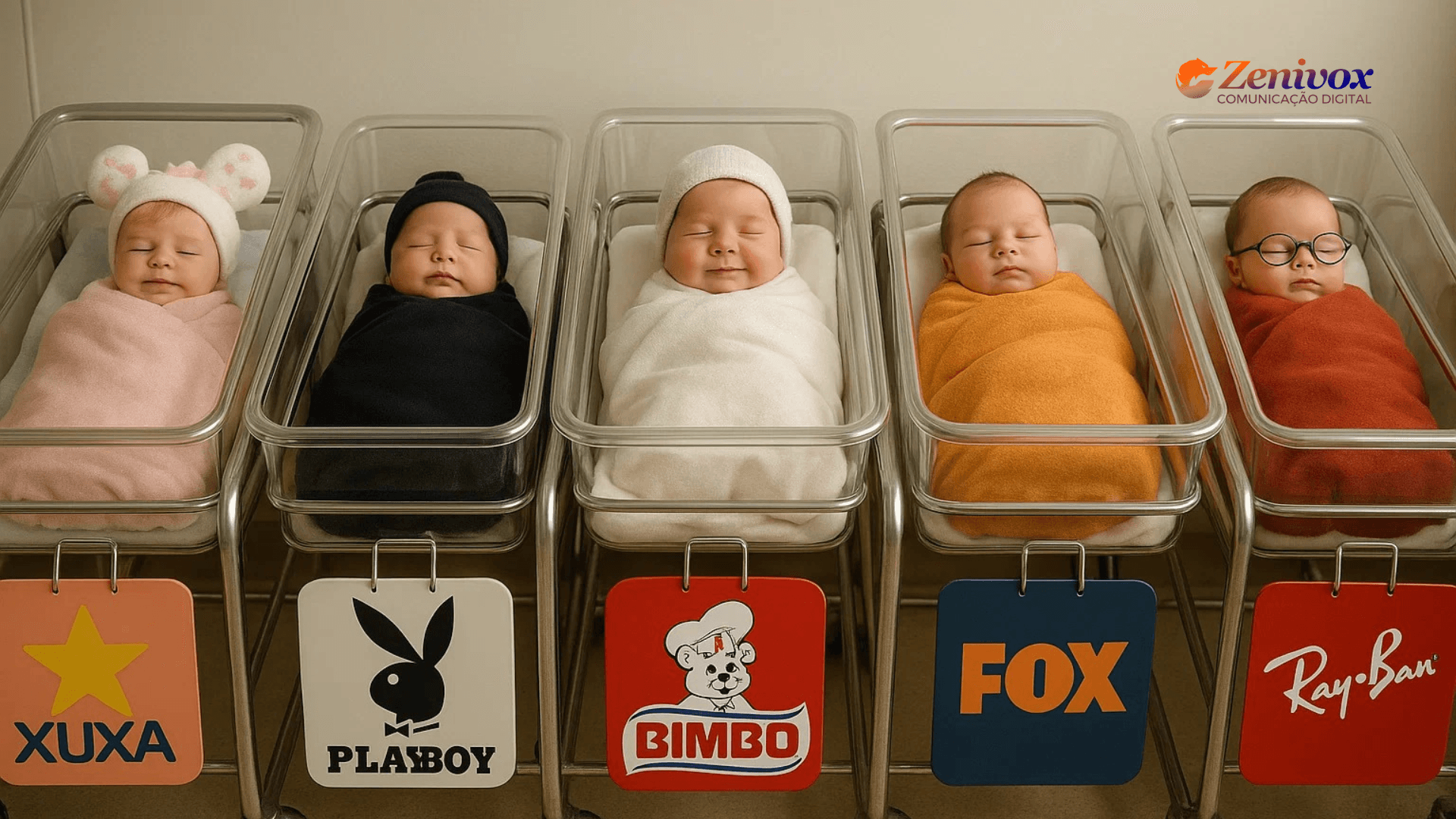 Cinco bebês recém-nascidos estão alinhados em berços hospitalares, cada um representando sucessão empresarial : Xuxa, Playboy, Bimbo, Fox e Ray-Ban. Cada bebê está embrulhado em uma manta com cores que combinam com a identidade visual da marca correspondente. Um deles usa óculos, outro tem orelhinhas de pelúcia. No topo da imagem está o logotipo da agência Zenivox Comunicação Digital.