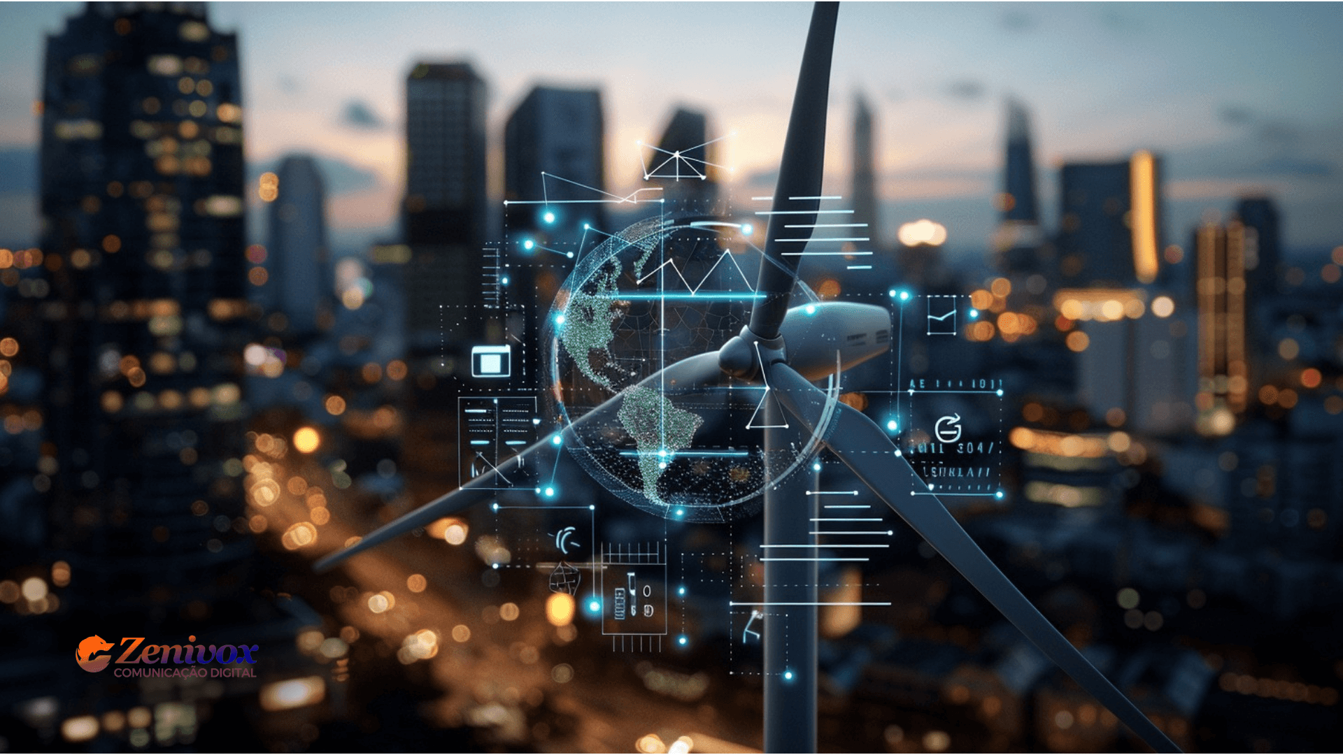 Turbina eólica em destaque com interface de dados digitais e mapa global ao fundo, simbolizando inovação e eficiência. Ao fundo, cidade iluminada representa o ambiente corporativo moderno. Imagem representa a aplicação prática da gestão lean na indústria, com destaque para o estudo de caso da General Electric.