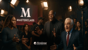 Celebridades ensinam em estúdio de gravação com logotipo da MasterClass ao fundo, simbolizando autoridade nas vendas online.