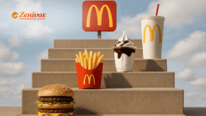 Imagem de uma escadaria de pedra com produtos do McDonald's dispostos degrau por degrau, representando uma jornada de venda, representando o upsell como estratégia de vendas.