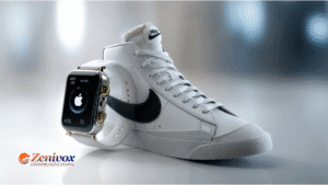 Imagem destacando a colaboração entre a Apple e a Nike, simbolizada por um tênis Nike branco ao lado de um Apple Watch dourado, ambos posicionados em um fundo minimalista e futurista. A combinação representa a união entre moda e tecnologia, evidenciando o poder das parcerias estratégicas para alavancar marcas icônicas.