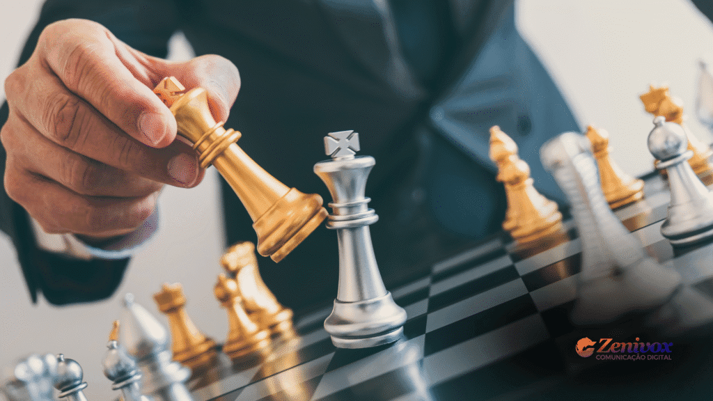 Pessoa movendo uma peça dourada de xadrez, simbolizando uma jogada tática que elimina o rei adversário prateado. A imagem transmite planejamento, inteligência e tomada de decisão e prospecção ativa de vendas, com o logo da Zenivox no canto inferior direito.