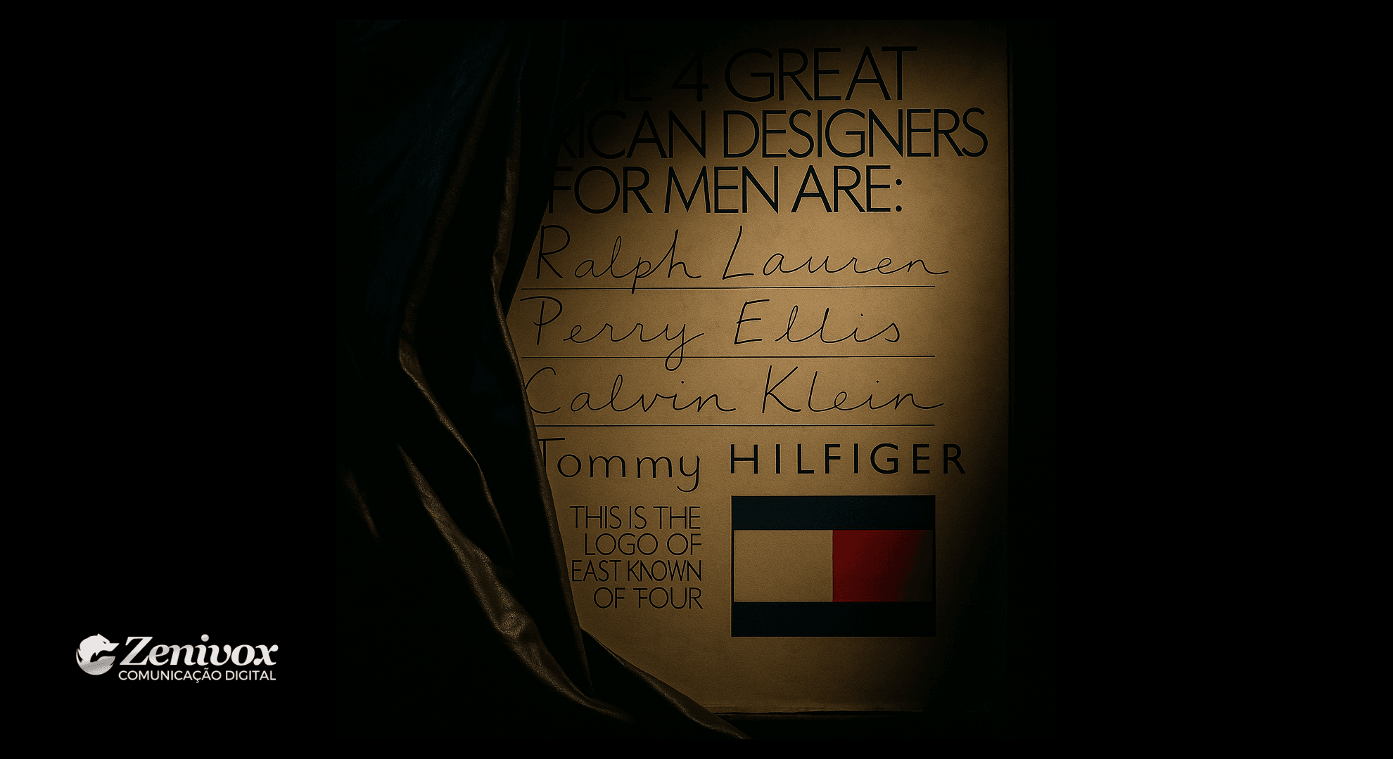 Outdoor icônico de Tommy Hilfiger parcialmente coberto por uma lona, revelando a frase "The 4 Great American Designers for Men Are" com os nomes Ralph Lauren, Perry Ellis, Calvin Klein e Tommy Hilfiger. A imagem representa as ideias de propaganda em momento ousado na história do marketing de moda, com iluminação dramática e atmosfera de revelação.