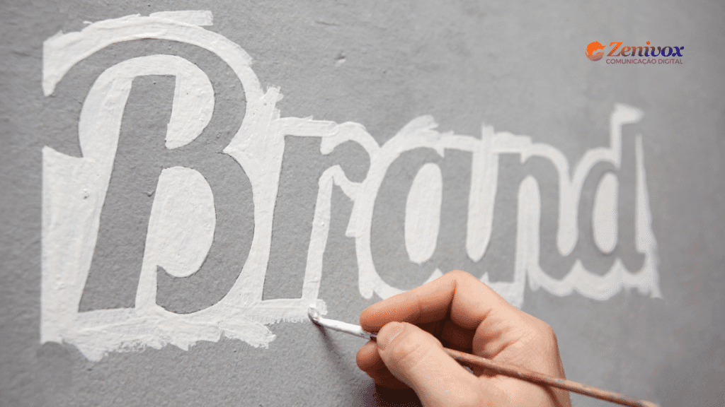 Mão segurando um pincel e pintando a palavra "Brand" em uma parede cinza, representando o processo artesanal e intencional de construção de brading. No canto superior direito está o logotipo da Zenivox Comunicação Digital.