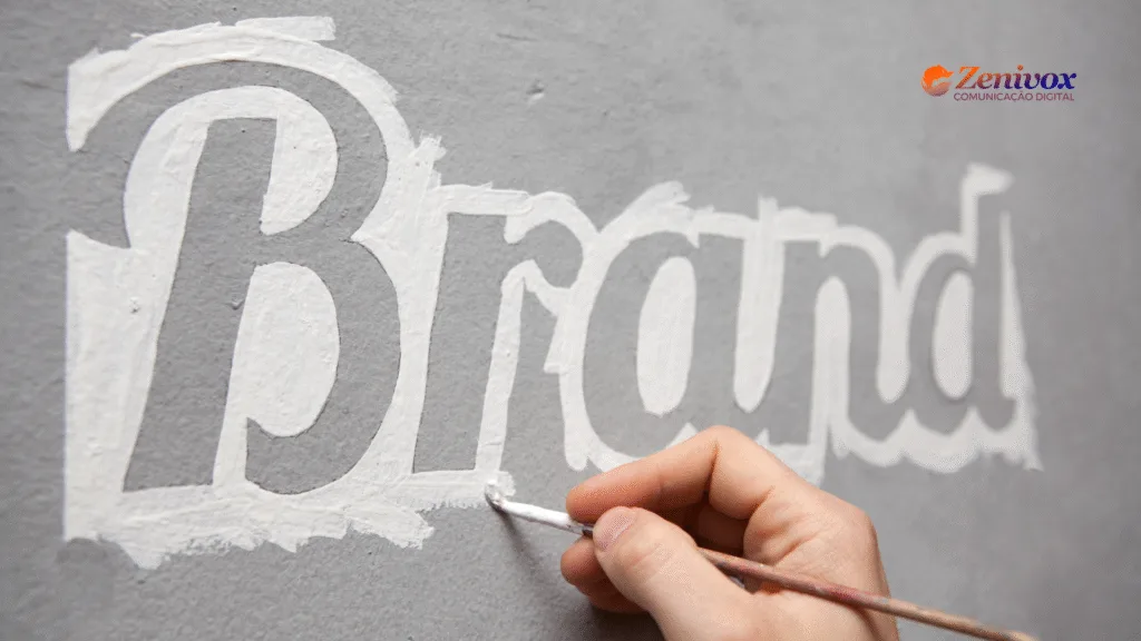 Mão segurando um pincel e pintando a palavra "Brand" em uma parede cinza, representando o processo artesanal e intencional de construção de brading. No canto superior direito está o logotipo da Zenivox Comunicação Digital.