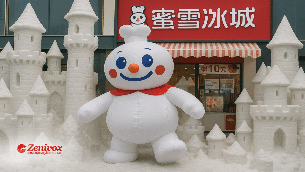 Imagem do mascote Snow King da Mixue, um boneco de neve sorridente com olhos grandes e nariz laranja, cercado por castelos de neve em frente a uma loja da marca. A composição transmite simpatia e diversão, destacando o apelo visual lúdico e acolhedor que cria um vínculo emocional imediato com o público. O logo da Zenivox está posicionado no canto inferior esquerdo.