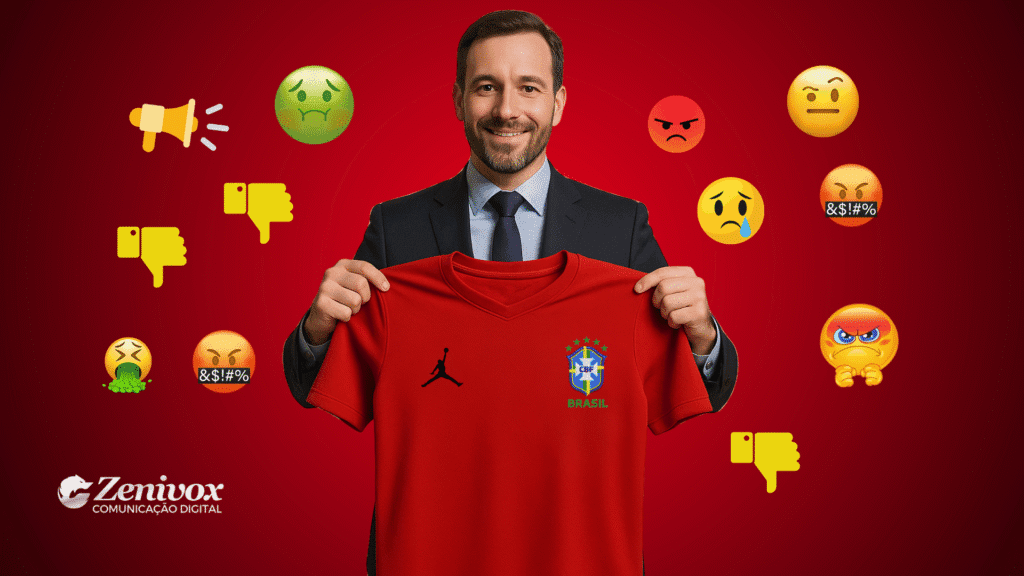 Homem de terno sorridente segurando uma camisa vermelha da Seleção Brasileira com logotipo da Jordan e brasão da CBF. Ao redor, diversos emojis expressam indignação, raiva, enjoo e reprovação, sugerindo forte rejeição pública e como ele vai fazer a gestão de marca. No canto inferior esquerdo está o logo da Zenivox Comunicação Digital.