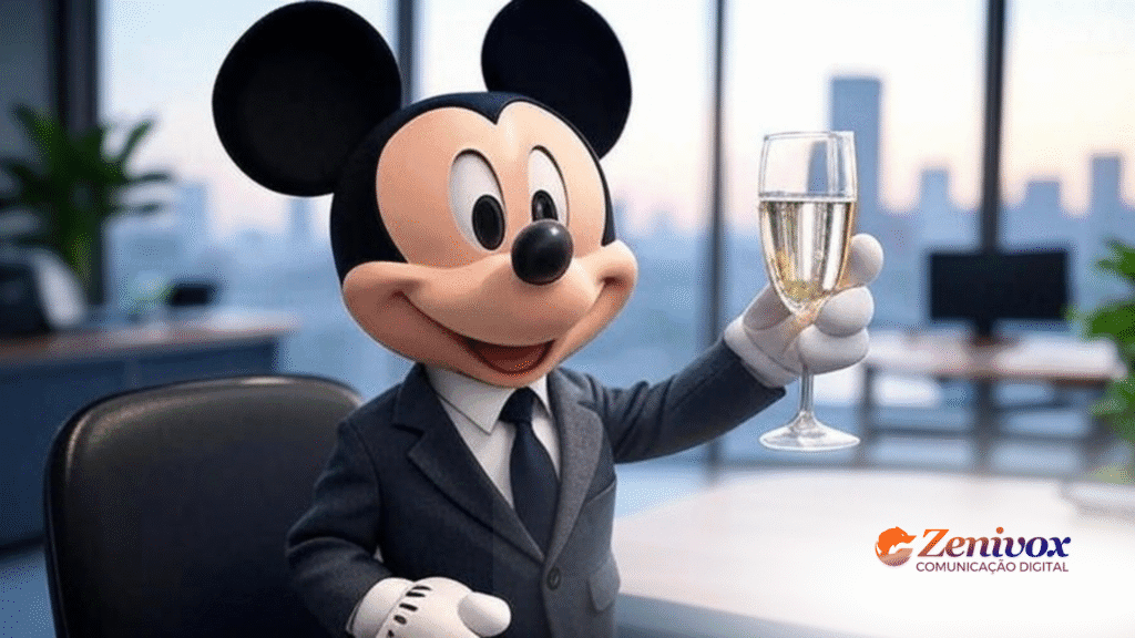 Imagem destacando a conclusão sobre a gestão estratégica da ESPN, ilustrando a celebração dos resultados alcançados com a criação do streaming próprio, simbolizada pelo Mickey Mouse brindando em um ambiente corporativo.