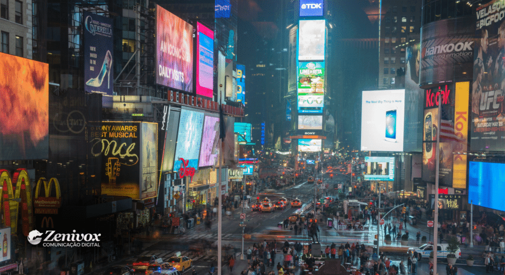 Vista noturna da Times Square, com diversos painéis publicitários iluminados e uma multidão de pessoas circulando pelas ruas. A imagem transmite o poder visual e simbólico da publicidade e ideias de propaganda criativas em ambientes urbanos de alto impacto.