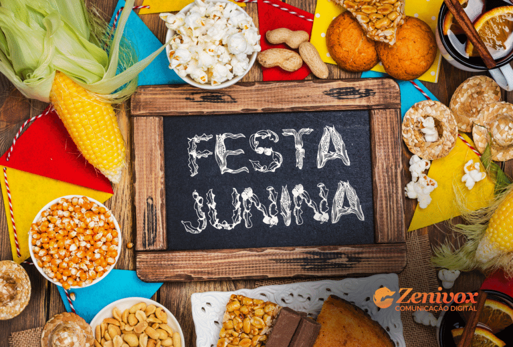 Mesa típica de Festa Junina com milho, pipoca, amendoim, chapéus de palha e painel com a frase "Festa Junina", representando a importância do São João para o consumo cultural e a conquista de market share no Nordeste.
