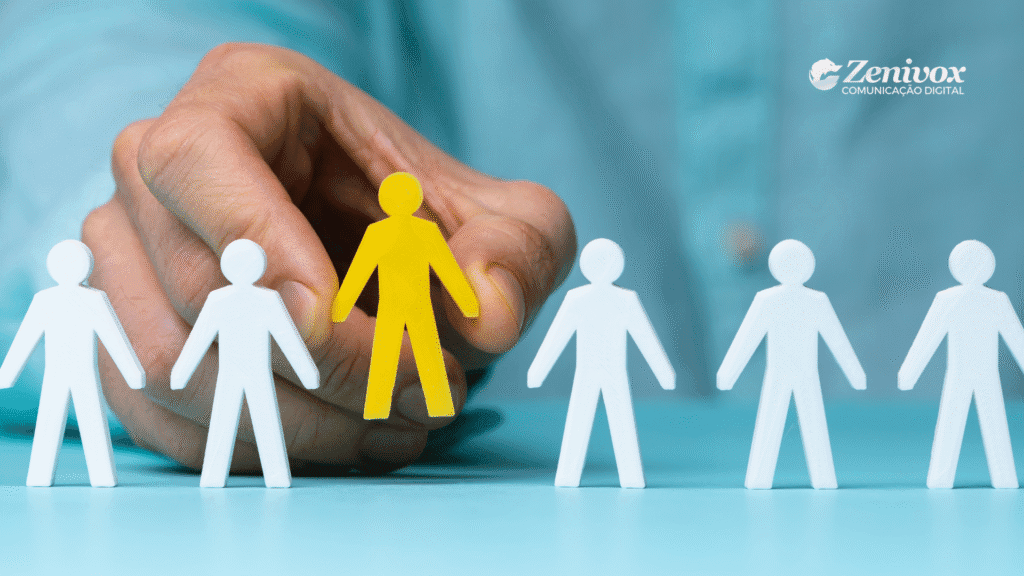 Mão selecionando uma figura amarela entre várias figuras brancas em fila, simbolizando personalização, segmentação e gestão estratégica de clientes.