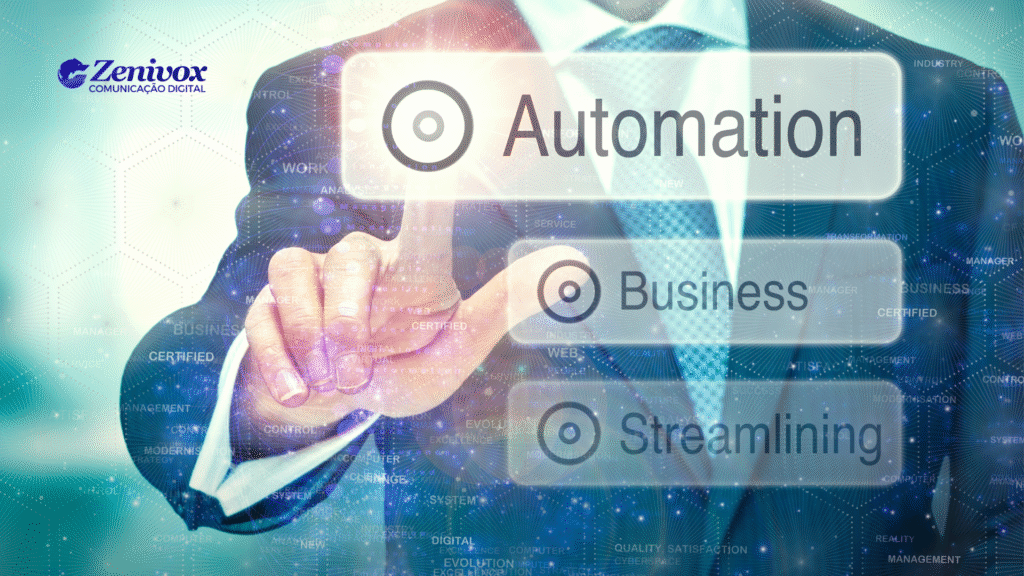 Homem de terno tocando uma interface digital futurista com as palavras “Automation”, “Business” e “Streamlining”, representando a transformação de negócios com automação de marketing.