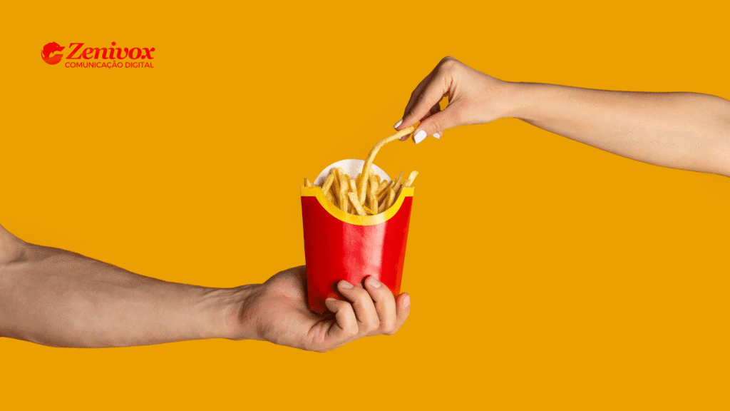Imagem com fundo laranja vibrante. No centro, duas mãos: uma masculina segurando uma embalagem vermelha de batatas fritas (sem marca visível) e uma feminina pegando uma batata de dentro do pacote. No canto superior esquerdo está o logo da Zenivox Comunicação Digital. A composição remete visualmente à experiência clássica de consumo no estilo McDonald's, com foco em compartilhamento, desejo e upsell.