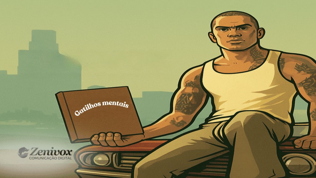 Imagem em estilo GTA com um personagem segurando um livro intitulado "Gatilhos Mentais". A cena transmite a ideia de que os gatilhos mentais são armas estratégicas em ações de marketing, capazes de prender a atenção do público de forma impactante.