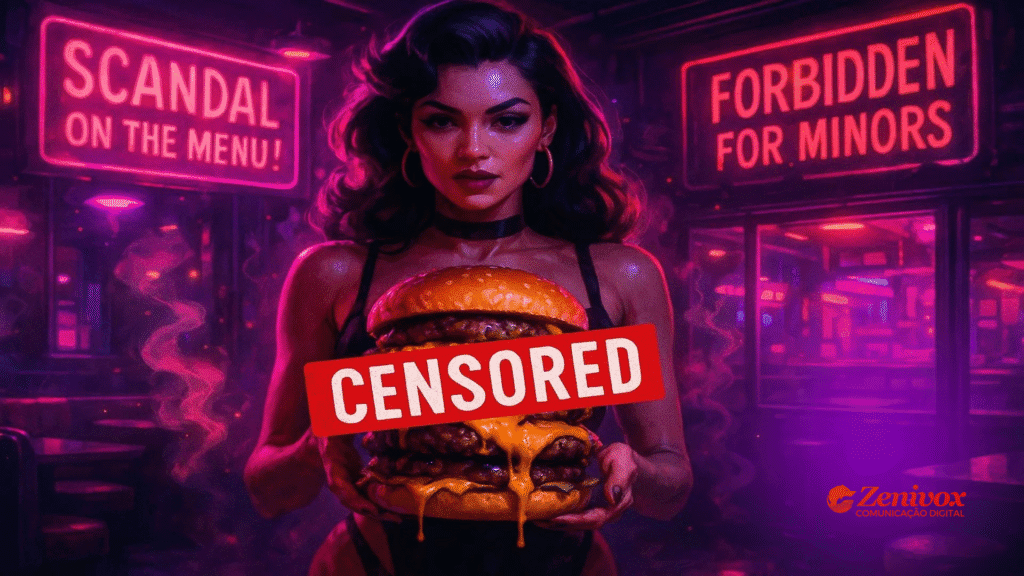 Mulher com visual retrô e expressão sedutora segura um hambúrguer gigante com queijo derretido em ambiente neon. Placas ao fundo com dizeres “Scandal on the menu!” e “Forbidden for minors”, sugerem anúncios polêmicos e controversos no marketing de fast food. Imagem com o selo “CENSORED” e logo da Zenivox no canto inferior.