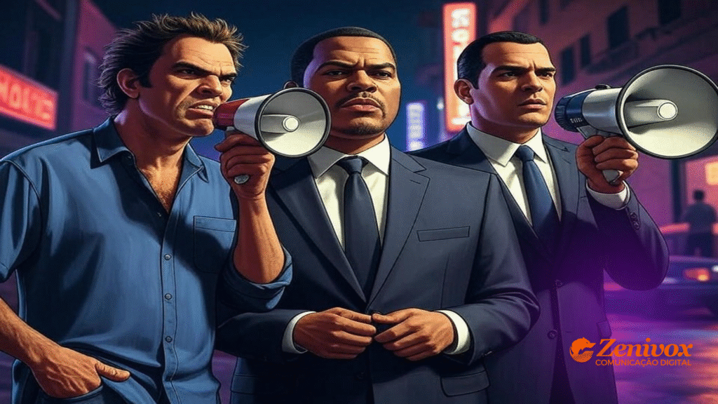 Três homens segurando megafones, em um cenário urbano noturno, transmitindo a ideia de ação e impacto, remetendo ao estilo do GTA, simbolizando as ações de marketing do GTA. Logo da Zenivox Comunicação Digital em destaque.